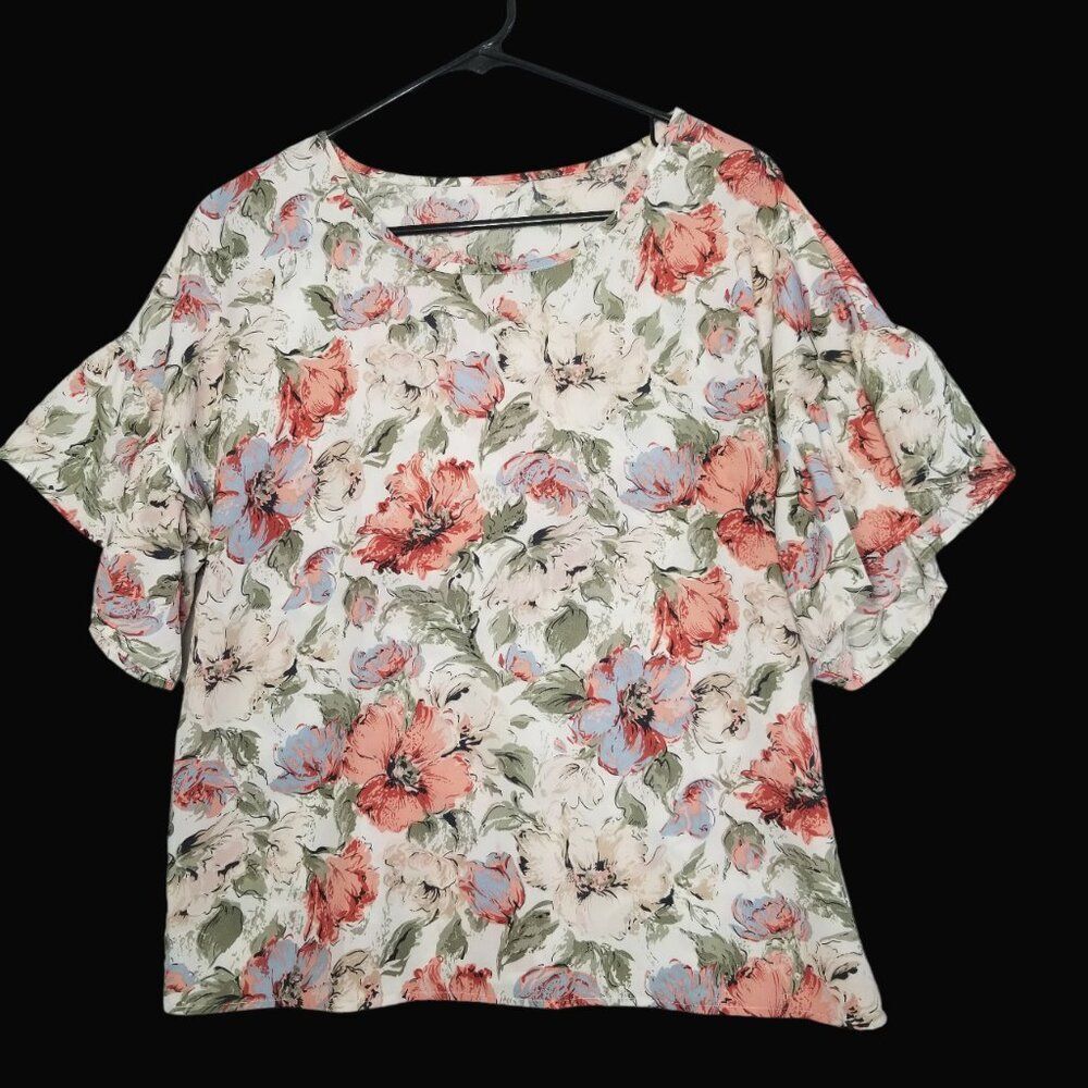 Gomorn Floral Blouse Ruffle Short Sleeve Large